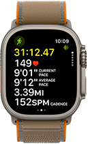 Apple Watch Ultra 4, titanium case, natural colour, advanced Outdoor Run workout metrics, right side exterior, Digital Crown, raised side button, Trail Loop strap, sand colour