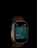 Apple Watch Ultra 4, titanium case, black colour, Race Route feature with a map of a running route, left side exterior, Action button, Alpine Loop strap, burgundy colour