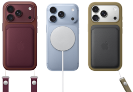 From left to right, iPhone 18 Pro in Burgundy leather case with Burgundy Crossbody Strap, middle iPhone 18 Pro in Glacier with White MagSafe charger attached, right iPhone 18 Pro in Silver in green leather wallet case with wrist strap